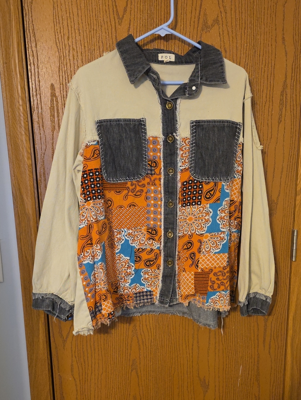 POL Patchwork Orange & Blue Bandana Jacket Ptp 23,l 26 NWOT